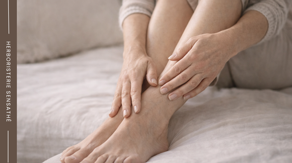 Femme ressentant une rétention d’eau légère dans une ambiance bien-être naturelle - Herboristerie Sensathé